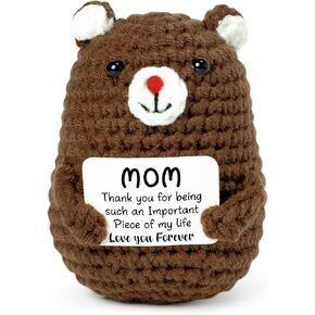 Mom Gifts Handmade Positive Brown Bear Crochet Doll with Words Card, Mini Plush Knitted Crochets Toy Cute Emotional Support Dolls Desk Office Decorations Funny Craft Present for Mother's Day