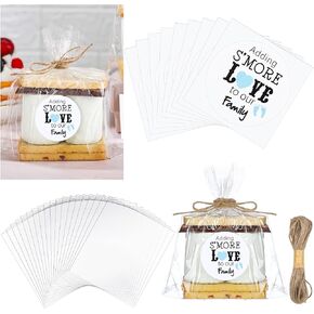 yexiya 100 set s'more love bag مع ملصقات مستديرة وحبل القنب s'more cellophane cookie caps for baby summer party party bakery candy cookie ، 5.9 × 6.7 in (Blue)