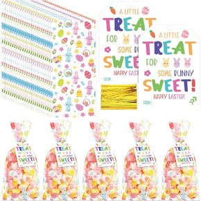 Yexiya 100 PCS Easter Cellophane علاج الحقائب مع علامات واضحة عيد الفصح Cellophane Goodie Bags 100 pcs علامات عيد الفصح Happy Easter Facs for Candy Cookies Sweet Easter School Favors