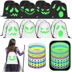 32 PCS Halloween Treat Acags With 16pcs Halloween Glow in the Dark Ghost Trick أو حقيبة علاجية لأكياس حقيبة الرباط الشبحية وأساور سيليكون هالوين 16 ٪