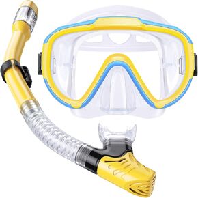 Kids Snorkel Set, Anti-Fog Panoramic Tempered Glass Kids Snorkel mask, Anti-Leak Scuba Diving Mask with Mesh Bag, Dry Top Snorkeling Gear for Kids and Youth Age 4-16 in Kuwait