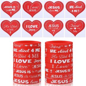 Geelin 128 PCS يسوع يحبني سوار مع ملصق ديني مسيحي سيليكون معصم هدية الجزء الأكبر ، 48 VBS Bible Verse Ristband 80 Inspirational Red Heart Sticker for Sunday School Easter