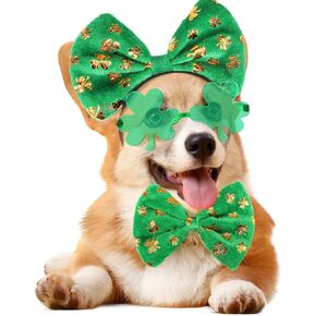 Haysandy 3 PCS COST COSTME DAG DAG DACT ، ST PATRICK'S PET SUNGLESSES DOGGIE BASTBAND GREEN SHAMROCK BOWTIE
