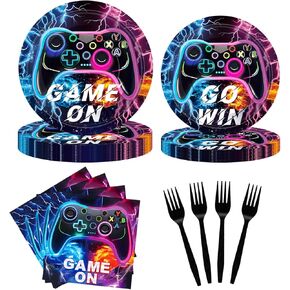 96 PCS فيديو ألعاب الزخارف الحفلات ألغام زخارف حفلة عيد ميلاد تشمل اللوحات والشوك وأطفال المناديل والكبار ديكورات عيد ميلاد يقدم 24 ضيفًا سهلاً التنظيف