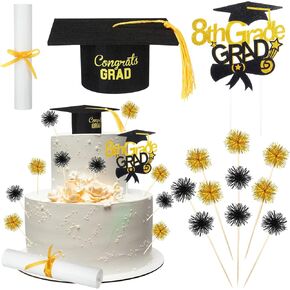 شملت مجموعة كعكة التخرج من الصف الثامن 13 PCS CAKE CAKE GLITER TOPPORS CAPE CAP مع ديكور دبلوم شرابة لعام 2025 لوازم الحفلات الدراسات العليا في الصف الثامن (الذهب الأسود)