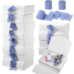 Canlierr 12 PCS صناديق هدايا بيضاء للهدايا مع الغطاء 10.6 × 7.8 × 3.1 '' ، مع 3 شرائط الشيفون ، صندوق هدايا الورق السائبة لصالح العروسة اقتراح حفل ​​زفاف.