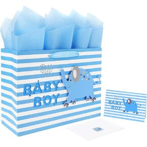 13" Large Blue Gift Bag Set with Greeting Card and Tissue Paper(3D elephant) for Baby Boy,Baby Shower,Kids Birthday Party,Newborn,New Moms or Parents-13" x 5.2" x 10.2", 1 Pcs.