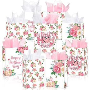 Dispowreath 24 PCS عيد الأم الحزب يفضل الأكياس حقيبة هدايا زهرة وردية عيد أم سعيد للأكياس Goodie Bags Best Mom Paper Bag مع مقبض لديكور Party Party (الكلاسيكية)