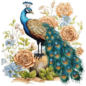 Xinpinzhou 11ct Cross Stitch Kits, 11 CT Funny Pre Printed Counted Stamped Cross Stitch Embroidery Needlepoint Patterns Kits for Beginners Adults Crossstitch Peacock and Flowers 36x36 CM