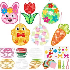 24 Pack Easter Suncatcher Kit Kit Easter Paper Crafts Glass DIY Window Art Kit Bunny Egg Carrot Ornament 1400 Tissue Paper Window Decor