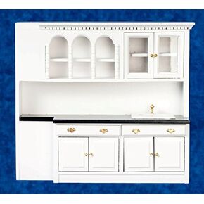 Dollhouse Miniature Kitchen بالوعة ، العداد والخزائن ، أبيض #T5297