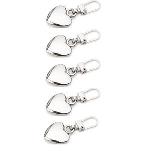 5Pcs Silver Heart Shape Zipper Pull Pieces Detachable Cute Creative Zippers Replacement Repair Kits for Coats Jackets Pants Luggage Sewing Notions and Zipper Pull Charms Fasteners