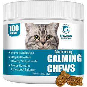 تهدئة القطط - 100 Count Salmon Chews مع البابونج والزنجبيل العضوي ، ملحق تخفيف الإجهاد لقلق الانفصال ، زيارات الطبيب البيطري والعواصف الرعدية (السلمون)