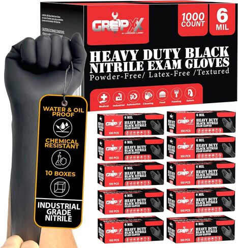 Heavy Duty 6 Mil Black Nitrile Gloves, Disposable Latex&Powder Free, Mechanic, Food Prep, Tattoo(1000 CT) in Kuwait