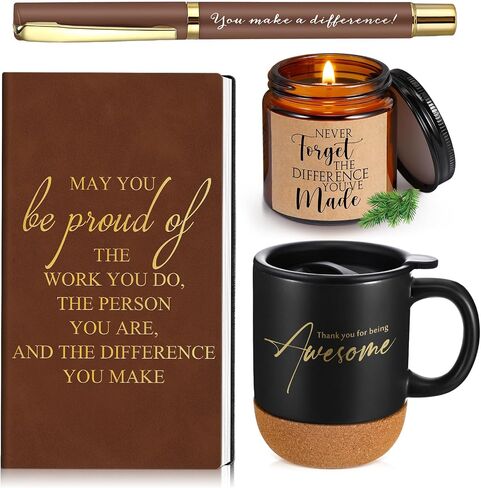 4 Pcs Thank You Gifts for Men Women Teacher Volunteer Employee Appreciation Notebook Inspirational Coffee Mug Scented Candle Ballpoint Pen for Nurse Secretary(Brown,Classic) in Saudi Arabia