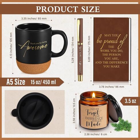 4 Pcs Thank You Gifts for Men Women Teacher Volunteer Employee Appreciation Notebook Inspirational Coffee Mug Scented Candle Ballpoint Pen for Nurse Secretary(Brown,Classic) in Saudi Arabia