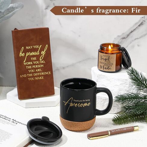 4 Pcs Thank You Gifts for Men Women Teacher Volunteer Employee Appreciation Notebook Inspirational Coffee Mug Scented Candle Ballpoint Pen for Nurse Secretary(Brown,Classic) in Saudi Arabia