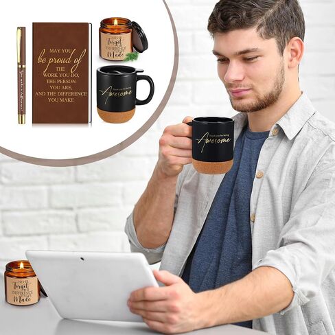 4 Pcs Thank You Gifts for Men Women Teacher Volunteer Employee Appreciation Notebook Inspirational Coffee Mug Scented Candle Ballpoint Pen for Nurse Secretary(Brown,Classic) in Saudi Arabia