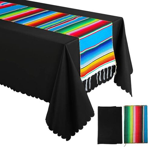 Tudomro 4 PCS Mexican Fiesta Tableroth 54 × 108 '' مع عدائين الجدول 13.5 × 108 غطاء مقرّب من القطن القطنية المقسم لـ Cinco de Mayo Fiesta (أسود) in Kuwait