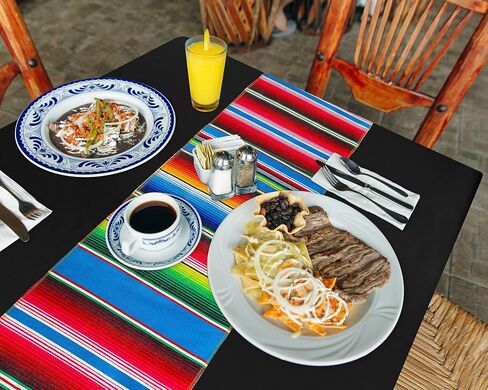 Tudomro 4 PCS Mexican Fiesta Tableroth 54 × 108 '' مع عدائين الجدول 13.5 × 108 غطاء مقرّب من القطن القطنية المقسم لـ Cinco de Mayo Fiesta (أسود) in Kuwait