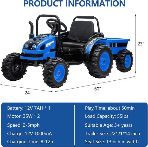 Electric Kids Ride on Tractor with Long Tiltable Trailer 6 Wheels, 12V Battery Powered Ride on Car Vehicle with Remote Control, Spring Suspension, Music LED Light for Boys and Girls, Yellow in Saudi Arabia