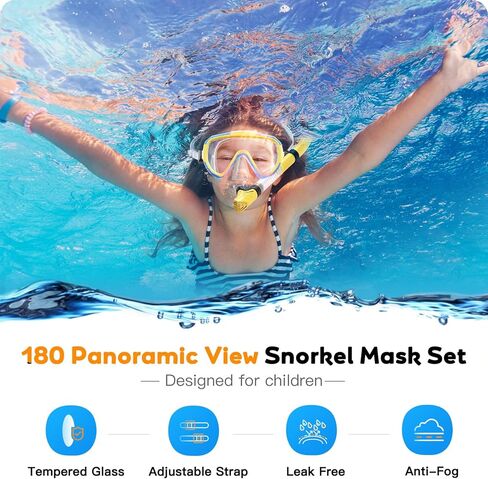 Kids Snorkel Set, Anti-Fog Panoramic Tempered Glass Kids Snorkel mask, Anti-Leak Scuba Diving Mask with Mesh Bag, Dry Top Snorkeling Gear for Kids and Youth Age 4-16 in Kuwait