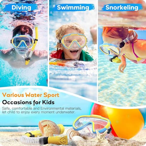 Kids Snorkel Set, Anti-Fog Panoramic Tempered Glass Kids Snorkel mask, Anti-Leak Scuba Diving Mask with Mesh Bag, Dry Top Snorkeling Gear for Kids and Youth Age 4-16 in Kuwait