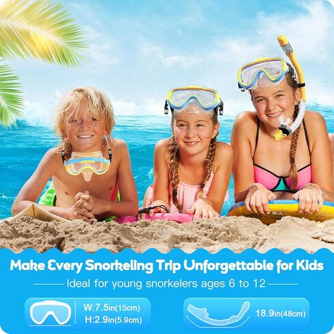 Kids Snorkel Set, Anti-Fog Panoramic Tempered Glass Kids Snorkel mask, Anti-Leak Scuba Diving Mask with Mesh Bag, Dry Top Snorkeling Gear for Kids and Youth Age 4-16 in Kuwait