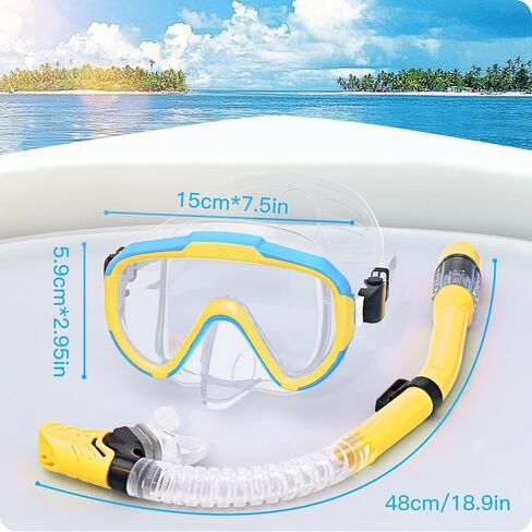 Kids Snorkel Set, Anti-Fog Panoramic Tempered Glass Kids Snorkel mask, Anti-Leak Scuba Diving Mask with Mesh Bag, Dry Top Snorkeling Gear for Kids and Youth Age 4-16 in Kuwait