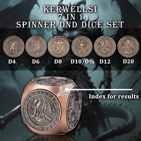KERWELLSI 7 in 1 DND Dice Set, Polyhedral Metal Spinner Dice, 3D Relief D and D Role Playing Dice with Gift Box (Copper) in Saudi Arabia