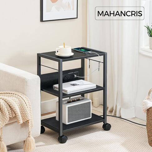 Industrial Printer Cart, 3-Tier Mobile Printer Stand, Rolling Cart with 2 AC Outlets and 2 USB Ports, Home Printer Stand with 2 Hooks, for Office, Living Room, White PTWT40E01 in Kuwait