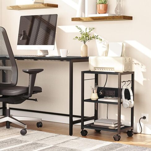 Industrial Printer Cart, 3-Tier Mobile Printer Stand, Rolling Cart with 2 AC Outlets and 2 USB Ports, Home Printer Stand with 2 Hooks, for Office, Living Room, White PTWT40E01 in Kuwait