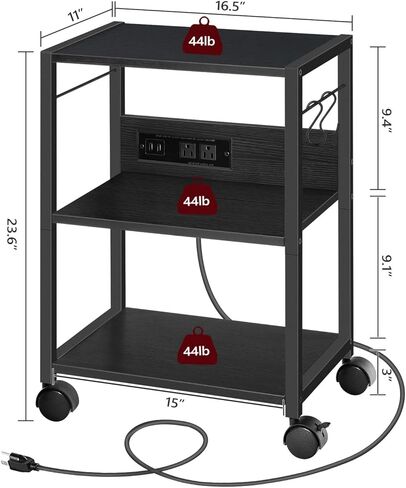 Industrial Printer Cart, 3-Tier Mobile Printer Stand, Rolling Cart with 2 AC Outlets and 2 USB Ports, Home Printer Stand with 2 Hooks, for Office, Living Room, White PTWT40E01 in Kuwait