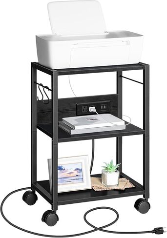 Industrial Printer Cart, 3-Tier Mobile Printer Stand, Rolling Cart with 2 AC Outlets and 2 USB Ports, Home Printer Stand with 2 Hooks, for Office, Living Room, White PTWT40E01 in Kuwait