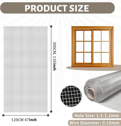KISKIS 304 Stainless Steel Woven Wire 20 Mesh Air Vent Window Screen,Filter Mesh Roll Metal Screen Fine Mesh, Easy to Cut Sturdy for Door Patio Cover, Cage Garden,60X300CM24X118INCH in Saudi Arabia