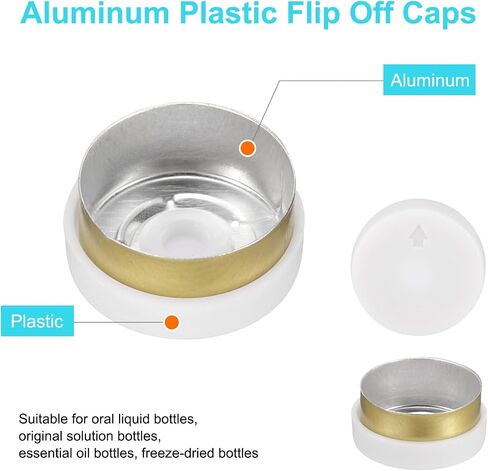 uxcell 13mm Flip Off Caps, 200PCS Burr-Free Flip Off Top Caps Seals Flip Off Aluminum Plastic Vial Flip Off Seals Caps Cover for Glass Vial Freeze-Dried Bottles, White/Gold in Kuwait