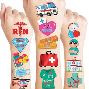 96 PCS Happy Nurses Day Nursing Nurse Pre-Cut Temporary Tattoos for Kids | Super Cute Themed Birthday Party Favors, Supplies, Decorations, Fake Tattoo Stickers, School Rewards Gifts & Boys & Girls