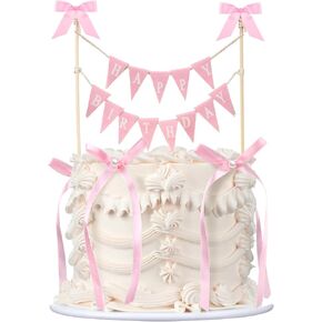 Honeydak 11 PCS Pink Bow Ribbon Cake Topper Happy Birthday Cake Bunting Topper with Wood Pole Flags Handmade With Bow Ribbon لعيد الميلاد ، حفلة ذات طابع Coquette ، تزيين حفل الزفاف
