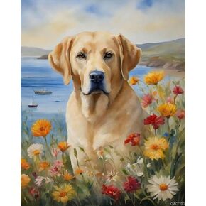 QACEYID Paint by Numbers for Adults Labrador Retriever and Flowers Painting by Number for Adults DIY Digital Painting for Beginners Wall Decor Drawing Gift, 40x50cm