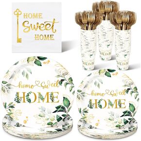 زخارف حفلات Zubebe Housewarming لـ 24 ضيفًا من لوحات المنزل الحلو والمناديل مجموعات أدوات المائدة المتاحة للمنزل القابل للتصرف في منزل جديد (نمط كلاسيكي)