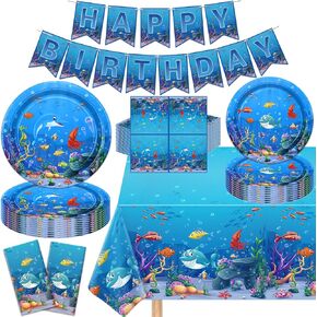 123 Pack Under the Sea Party Supplies Ocean Animal Birthday Party Decorations مجموعة لوازم أعياد الميلاد السعيدة ذات الطابع السعيد ، تشمل لوحات ، مناديل ، لافتة عيد ميلاد ، مفرش المائدة للحفلات لـ 40 ضيفًا