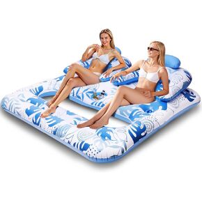 Inflatable Pool Float for Adults, Extra Large 2-in-1 Pool Lounger Floats for 2 Person,Giant Pool Lounger Floats with Cup Holders & Backrest, for Summer Vacation, Lakes, Beach