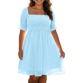Women's Plus Size Puff Sleeve Square Neck Short Summer Sundress Chiffon Swiss Dot Flowy Smocked Dress