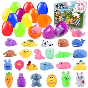 24 PCS Prefilled Easter Eggs with Mochi Squishy Toys, Filled Easter Basket Stuffers Gifts for 3-8 Year Old Kids Toddlers, Eggs Fillers Party Favors Classroom Prize Supplies