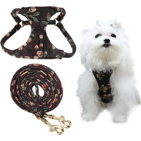 Dog Harness, Gold Stamping Floral Pattern Soft Suede Adjustable No Pull Puppy Harness and Leash Set with Snap Buckle Dog Harness Small Sized Dogs
