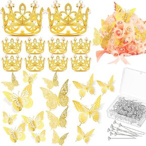 Crowye 182 PCS Mother Day Giftories Flower Bouquet Accessories ، 10 Bouquet Crown ، 72 Decortings Butterfly ، 100 dins flower with blastic for Mom الأم (الذهب)