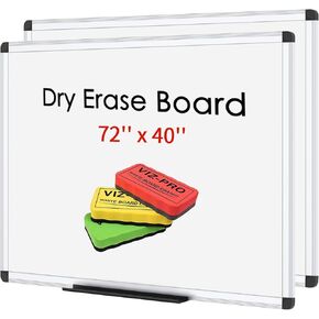 VIZ-PRO Dry Erase Board/Whiteboard, Non-Magnetic, Pack of 2, 72 x 40 Inches, Wall Mounted Board for School Office and Home, with 3 Colored Erasers