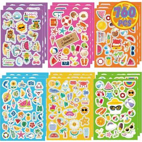 ملصقات صيفية للأطفال 760pcs ملصقات هاواي ملصقات العطلات ثلاثية الأبعاد شاطئية الملصقات الآيس كريم/ملصق شجرة جوز الهند لبطاقات مظاريف سكرابوكينغ.