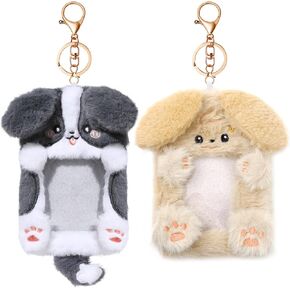 NEWEST 2PCS Puppies Plush Kpop Photocard Holder with Keychain, Cute Dog ID Badge Holder, Soft Cartoon Animal Photo Protective Sleeve Case Card Cover for Kpop Idol Photo Card School Office Card Supply