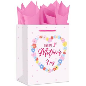 Heyinshen First Mothers Day Gift Bag مع ورقة أنسجة ومقابض 13 "كبيرة كبيرة سعيدة الأمهات الأولى في يوم الالتفاف.
